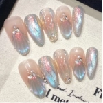 Handmade Press on Nails Blue Aurora Mermaid Fake Nail Patches Wearable Detachable French Pearl Almond False Nail Tips 10pcs