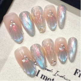 Handmade Press on Nails Blue Aurora Mermaid Fake Nail Patches Wearable Detachable French Pearl Almond False Nail Tips 10pcs