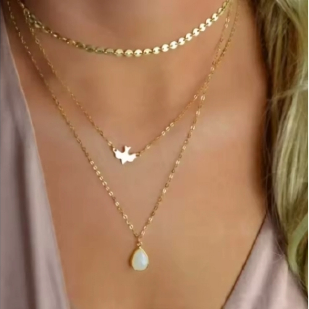 Delysia King Women Temperament Peace Dove 3 Layer Necklace Trendy Sequin Chain Water Drop Pendants