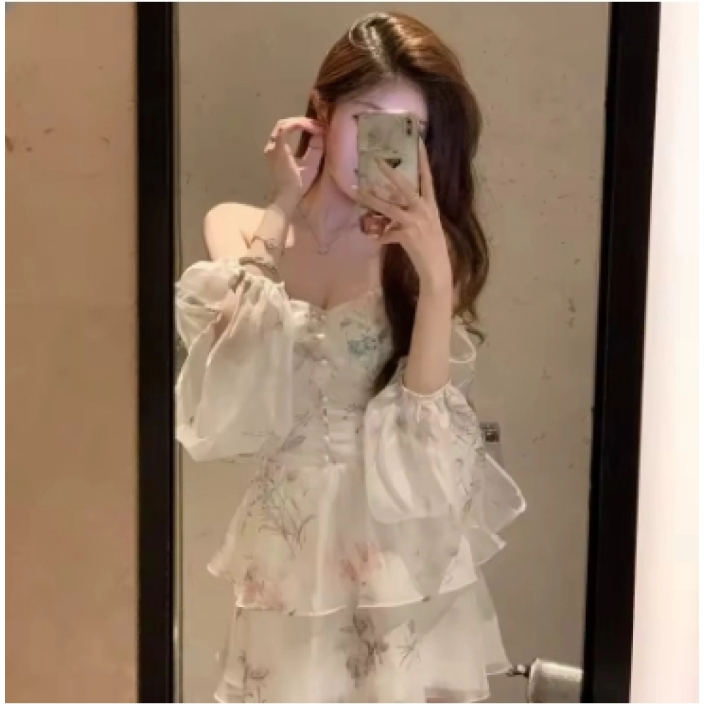 Chiffon Dress for Women Long Sleeve Party French Style Dress Fairycore Floral Ruffles Square Collar New Spring Summer Dress