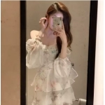 Chiffon Dress for Women Long Sleeve Party French Style Dress Fairycore Floral Ruffles Square Collar New Spring Summer Dress