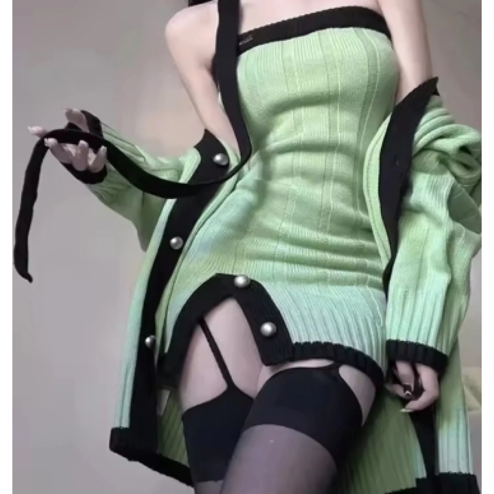 Green Knitted Suits Casual Elegant Cardigan Top + Y2k Sexy Mini Dress Korea Fashion Clothing 2 Piece Dress Set New