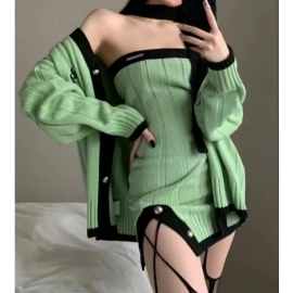 Green Knitted Suits Casual Elegant Cardigan Top + Y2k Sexy Mini Dress Korea Fashion Clothing 2 Piece Dress Set New